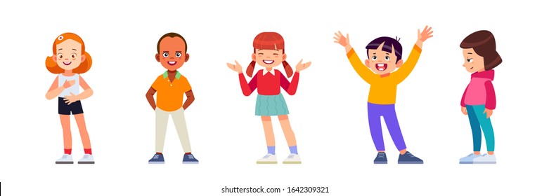 Children characters. Happy multiracial kids Girls And Boys Group Small Cartoon Pupils Collection School Students Flat Vector Illustration isolated on white background.