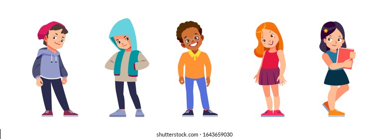 Children characters. Happy multiracial kids Girls And Boys Group Small Cartoon Pupils Collection School Students Flat Vector Illustration isolated on white background.