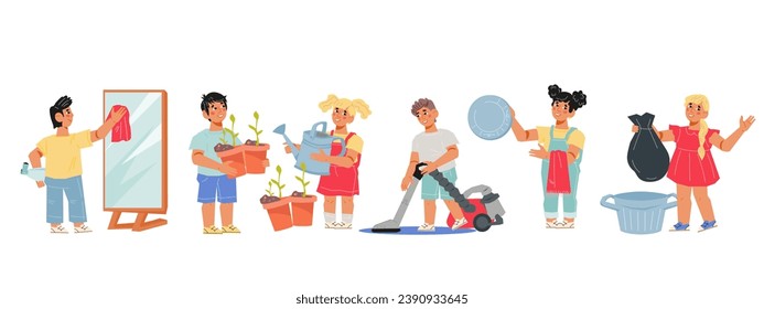 Children characters involved in household chores. Kids get skills for clean and organized home, flat vector illustration on white background. Teaching children about housework and cleanliness.