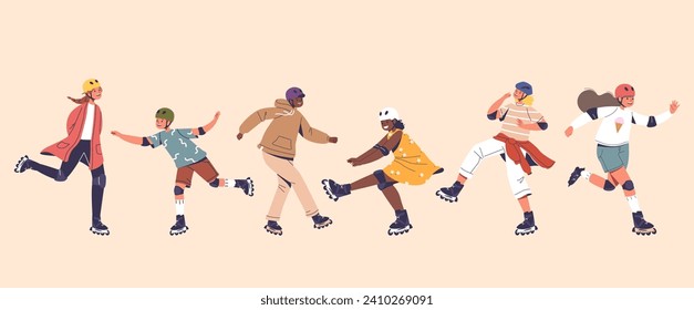 Children Characters Joyfully Glide On Roller Blades, Laughter Echoing As They Navigate Twists And Turns, A Vibrant Scene