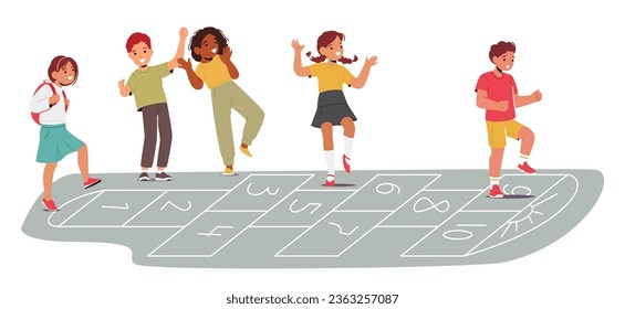 Children Characters Joyfully Hop, Skip And Jump, Playing Hopscotch On Grid Drawn With Chalk. Laughter Fills The Air As They Toss A Stone Aiming For Numbered Squares. Cartoon People Vector Illustration