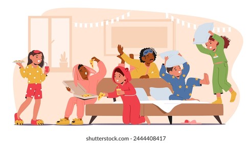 Children Characters at Lively Pajama Party, Feature Cozy Sleepwear, Games, Movies, Snacks, And Giggles, Creating Cherished Memories In The Comfort Of Home. Cartoon People Vector Illustration