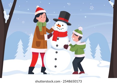 Children characters make snowman vector illustration