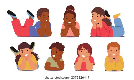 Children Characters Nestled On Their Stomachs, Embark On Fantastical Journeys In Their Dreams. Faces Serene, Imaginations Soar, As They Slumber Peacefully. Cartoon People Vector Illustration