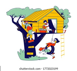 Children Characters on Tree House, Little Girls and Boys Playing on Child Playground, Treehouse with Wooden Ladder and Tire Swing, Place for Kids Summer Games. Linear People Vector Illustration