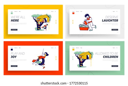 Children Characters on Tree House Landing Page Template Set. Little Girls and Boys Playing on Treehouse with Wooden Ladder and Tire Swing, Place for Kid Summer Games. Linear People Vector Illustration