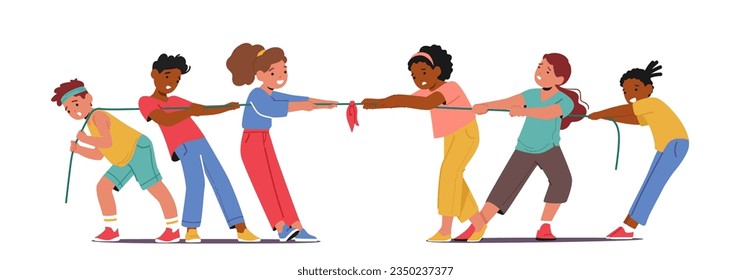 Children Characters Play Tug Of War, Spirited Team Game Where Opposing Groups Pull On Opposite Ends Of A Rope, Aiming To Pull The Other Team Over A Designated Line. Cartoon People Vector Illustration