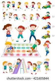 Children characters playing games illustration