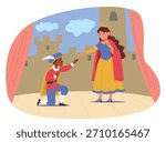 Children characters playing role on stage of drama performance engaged in theatrical arts enjoying artistic after-school activities cartoon scene. Kids acting skills development vector illustration