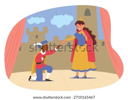 Children characters playing role on stage of drama performance engaged in theatrical arts enjoying artistic after-school activities cartoon scene. Kids acting skills development vector illustration