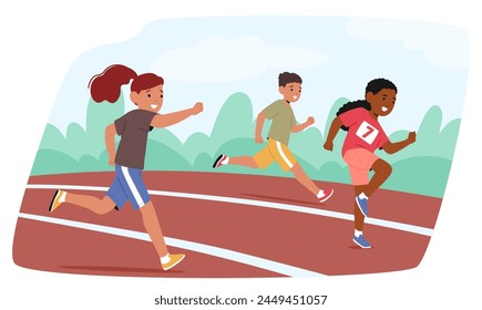 Los Personajes Infantiles Corren Alegremente En La Pista Del Estadio, Su Energía Vibrante Alimentando Una Emocionante Competencia De Velocidad Y Determinación. Los niños corren Maratón Deportivo. Ilustración vectorial de Personas de dibujos animados