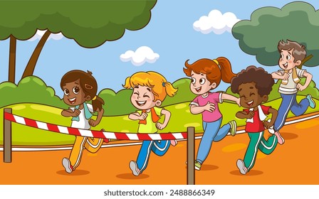 Los Personajes Infantiles Corren Alegremente En La Pista Del Estadio, Su Energía Vibrante Alimentando Una Emocionante Competencia De Velocidad Y Determinación. Los niños corren Maratón Deportivo. Ilustración vectorial de Personas de dibujos animados
