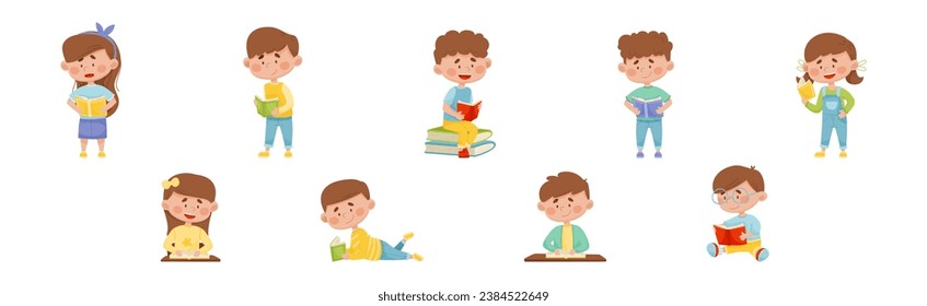 Children Characters Reading Book as Literature Fans Vector Set