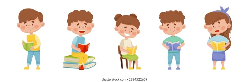 Children Characters Reading Book as Literature Fans Vector Set