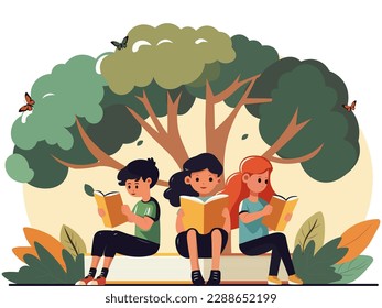 Children Characters Reading Books Under The Tree And Butterflies In Nature View.