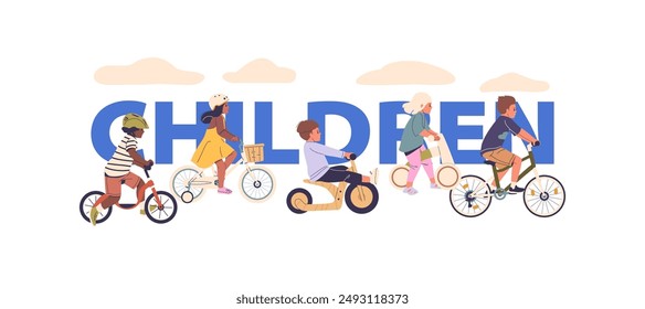 Children Characters Riding Bicycles And Scooters In An Outdoor Setting. Vector Concept Emphasizes Active Play, Exercise