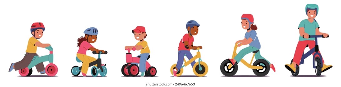 Personajes De Niños Montando Varios Tipos De Bicicletas De Empuje. Cada Niño Usa Un Casco Por Seguridad. La Imagen De Vector De Dibujos Animados Captura La Alegría Y La Emoción De Los Niños Que Aprenden A Montar En Un Ambiente Juguetón Y Seguro