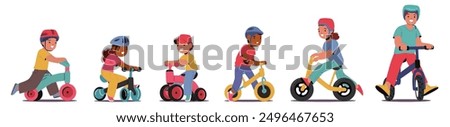 Children Characters Riding Various Types Of Push Bikes. Each Child Wears A Helmet For Safety. Cartoon Vector Image Captures Joy And Excitement Of Kids Learning To Ride In Playful And Safe Environment