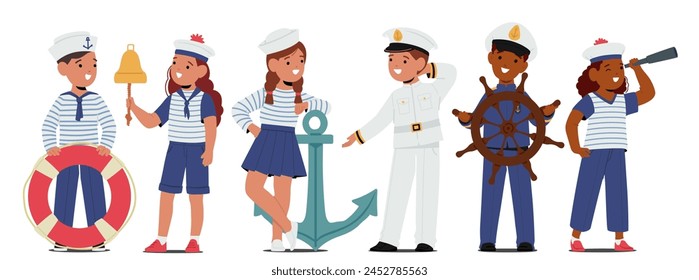 Los Personajes Infantiles En Trajes De Marinero, Adornados Con Camisas A Rayas, Gorras De La Marina Y Motivos De Ancla, Evocan Un Encanto Marítimo Con Su Inocencia Y Entusiasmo Juguetón. Ilustración vectorial de Personas de dibujos animados