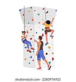 Children Characters Scale A Climbing Wall With Guidance Of Trainer. Excitement And Adventure Of Outdoor Activities, Fitness, Sports, And Recreation Themes Promotion. Cartoon People Vector Illustration