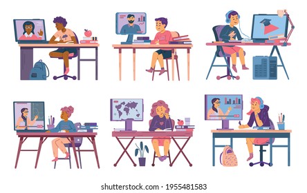 Children characters set studying online, cartoon vector illustration isolated.