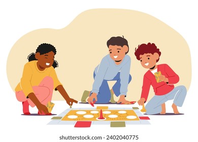 Children Characters Sit On The Floor, Laughter Filling The Air As They Eagerly Play Board Games, Their Faces Illuminated By The Soft Glow Of Colorful Game Pieces And Dice. Cartoon Vector Illustration