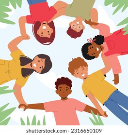 Children Characters Stand in Circle, Holding Hands, Looking Down, Displaying Unity And Connection. Symbol Of Innocence, Trust, And Togetherness, Community And Friendship. Cartoon Vector Illustration