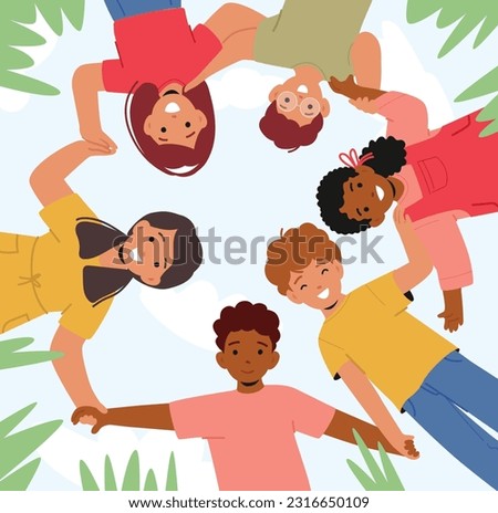 Children Characters Stand in Circle, Holding Hands, Looking Down, Displaying Unity And Connection. Symbol Of Innocence, Trust, And Togetherness, Community And Friendship. Cartoon Vector Illustration