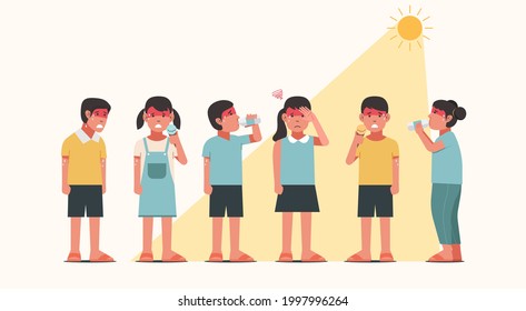 Children characters standing together in sunny weather in summer and having heatstroke symptoms, flat vector illustration