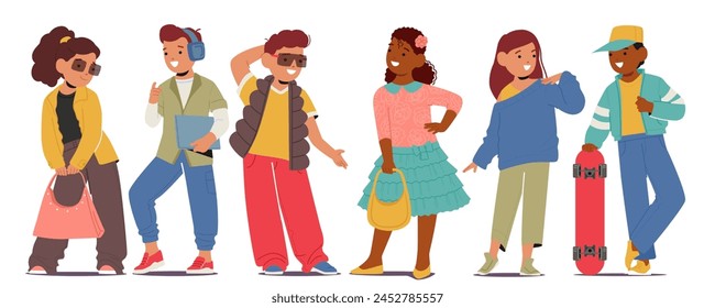 Children Characters Strike Fashionable Poses In Stylish Attire, Exuding Confidence And Charm, Their Vibrant Outfits Reflecting Youthful Trends And Individuality. Cartoon People Vector Illustration