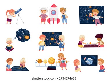 Children Characters Studying Space and Galaxy Examining Solar Planets and Playing with Spacecraft Vector Set