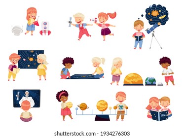 Children Characters Studying Space and Galaxy Examining Solar Planets and Playing with Spacecraft Vector Set