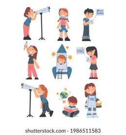 Children Characters Studying Space and Galaxy Dreaming of Being Astronaut and Playing with Spacecraft Vector Set