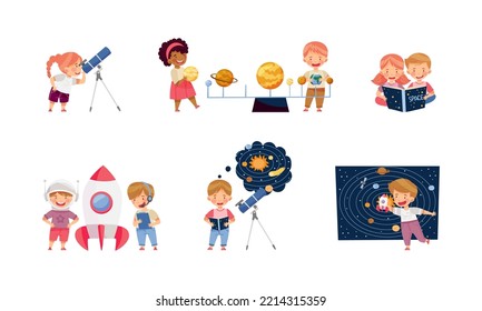 Children Characters Studying Space and Galaxy Examining Solar Planets and Playing Vector Set