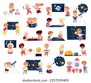 Children Characters Studying Space and Galaxy Examining Solar Planets and Playing with Spacecraft Big Vector Set