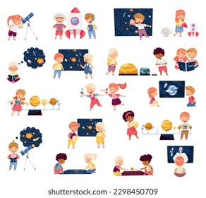 Children Characters Studying Space and Galaxy Examining Solar Planets and Playing with Spacecraft Big Vector Set