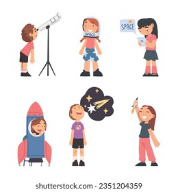 Children Characters Studying Space and Galaxy Dreaming of Being Astronaut and Playing with Spacecraft Vector Set