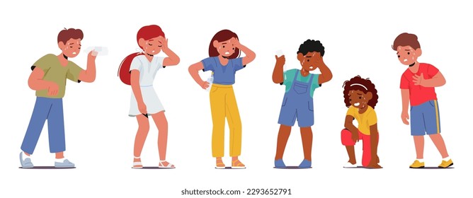 Children Characters Suffer from Extreme Heat. Kids with Red Faces, Sweat, Feel Dehydration, Discomfort, Exhaustion. Health Risks of Heatstroke, Need Water, Cooling. Cartoon People Vector Illustration