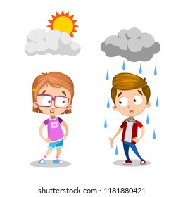 Children characters at sunny and rainy day. Sad boy standing under rain cloud. Happy girl standing under sun. Good and bad weather cartoon vector illustration. Weather forecast concept with kids.