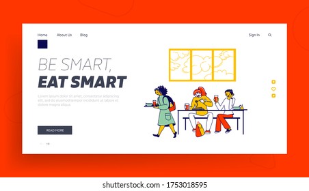 Children Characters Visiting in School Cafeteria Landing Page Template. Canteen or Dining Hall with Pupils Carrying Trays with Meals, Sit at Tables and Eating Lunch. Linear People Vector Illustration