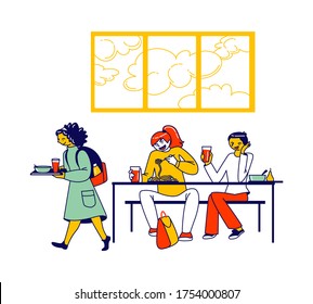 Personajes para niños que visitan la cafetería escolar. Comedor o comedor con alumnos que transportan bandejas con comidas, sentados en las mesas y almuerzos para llevar, comprando aperitivos. Ilustración de vectores de personas lineales