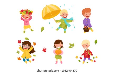 Children Characters Walking with Umbrella Among Autumn Leaves and Picking Mushrooms Vector Illustration Set