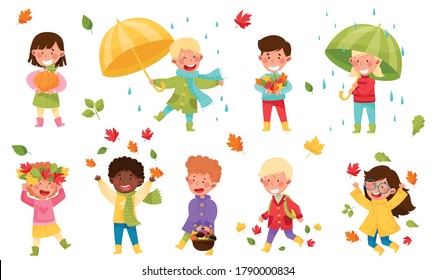 Children Characters Walking with Umbrella, Throwing Autumn Leaves and Picking Mushrooms Vector Illustration Set