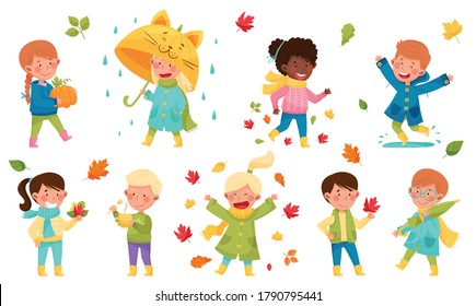 Children Characters Walking with Umbrella, Throwing Autumn Leaves and Picking Mushrooms Vector Illustration Set