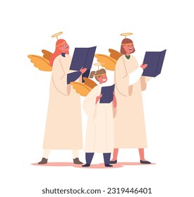 Children Characters Wearing Angel Costumes Sing In A Choir. Little Girls Singers Creating A Heavenly Atmosphere
