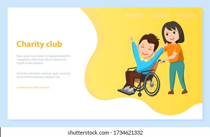 Children charity club, boy and girl happy kids. Schoolboy sitting in wheelchair, disabled character in circle rehabilitation style, back to school concept. Vector illustration in flat cartoon style