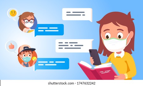 Children Chat On Literature Online During Corona Virus Quarantine. Girl Kid In Mask Reading Book And Holding Cell Phone.  Texting With Friends And Communication Concept. Flat Vector Illustration