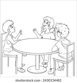 Children chatting at the table. They order. line. cartoon. Kids talking to each other sketches