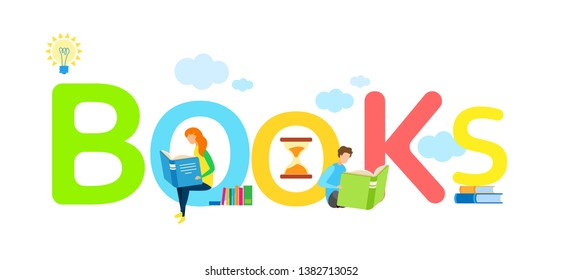 Children Cheap Books Store Web Banner Template. Kids, Teenagers Literature Digital Library. Girl and Boy Reading Books. Multicolor Cartoon Typography. Hobby, Leisure Activity, Pastime