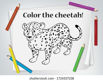 Children cheetah coloring worksheet illustration